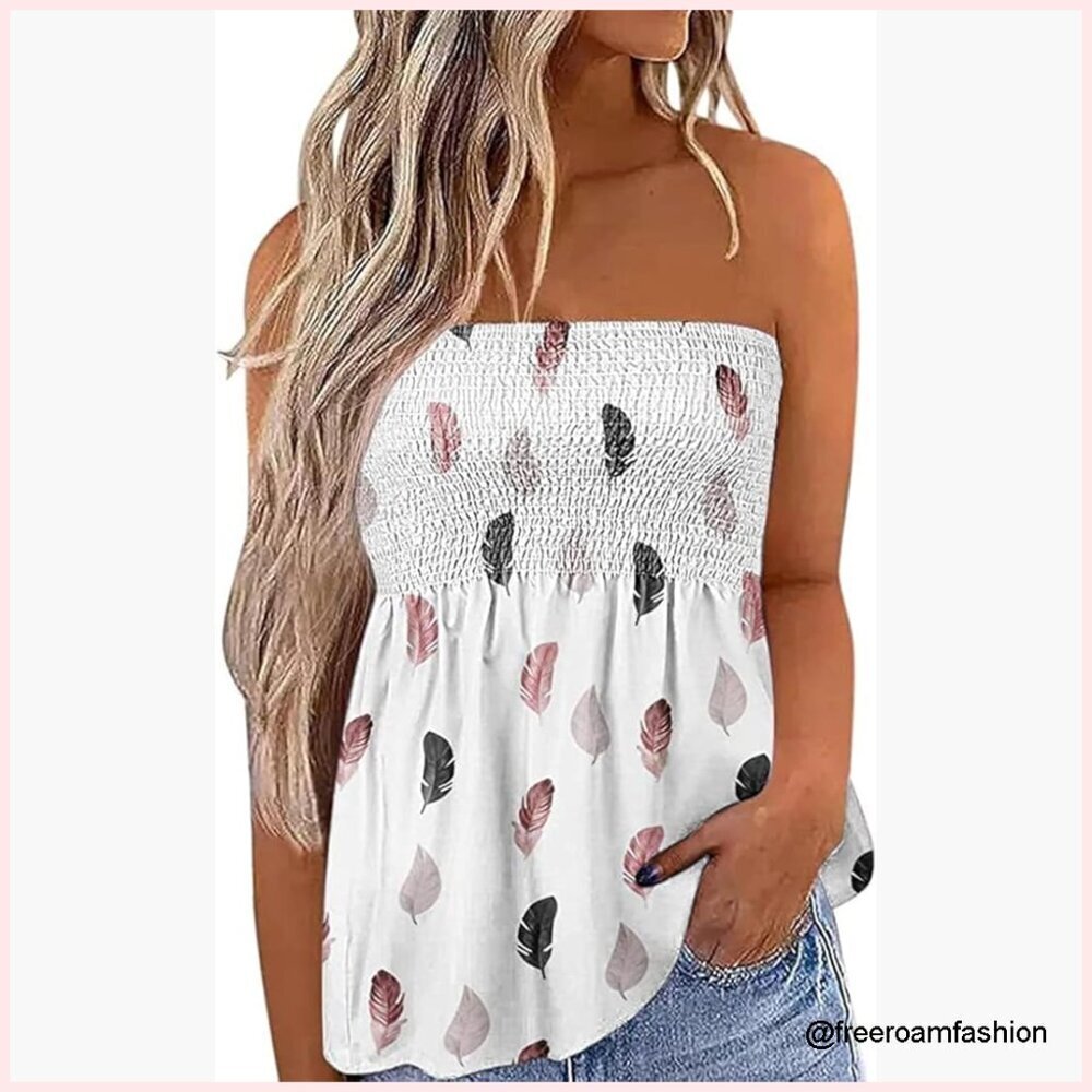 Smocked Strapless Bandeau Tank Top Floral Tube Top Backless Tunic